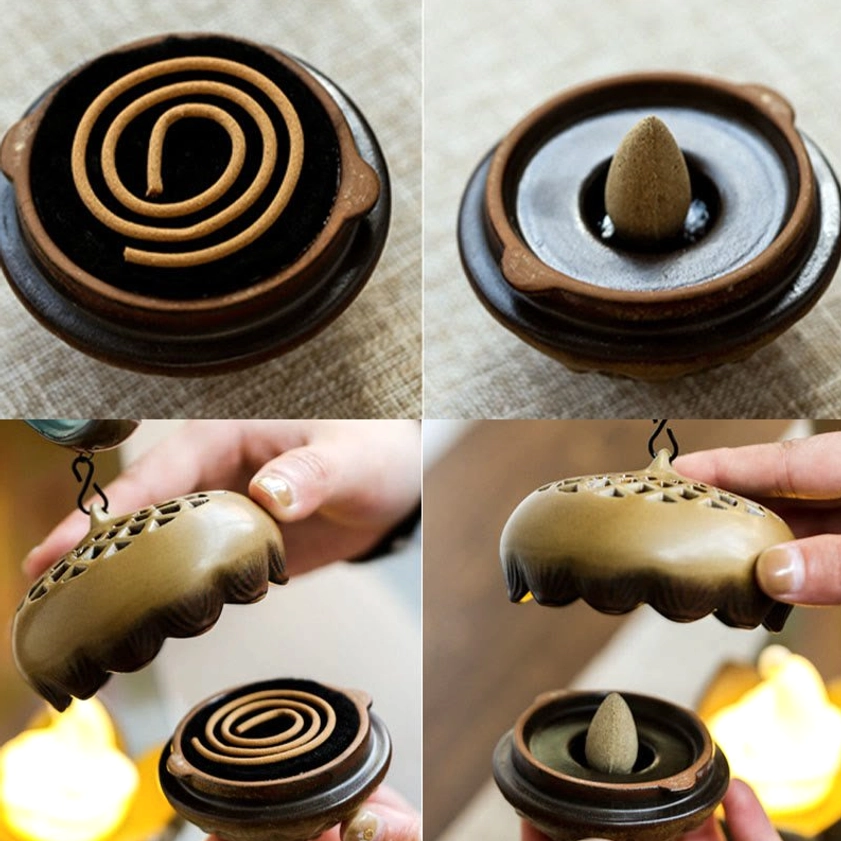 Buddha Hand Incense Burner Usage Guide - Four Showcase Shots with Coil Incense, Cone Incense, and Censer Components Assembly