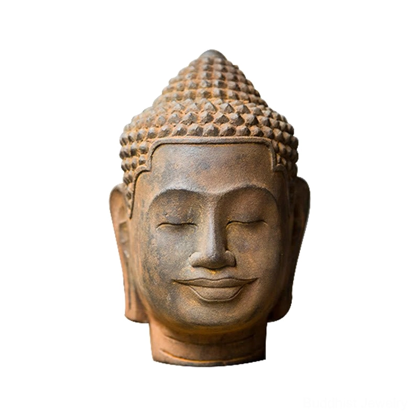 Meditating Buddha head statue display showing complete handmade craftsmanship and natural iron powder resin material quality