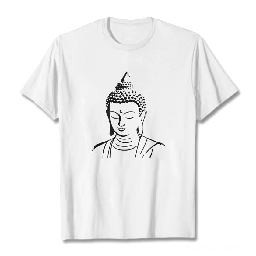 Buddha head spiritual graphic t-shirt flat lay white front view black print
