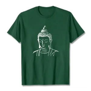 Buddha head print cotton t-shirt flat lay front view dark green with black graphic