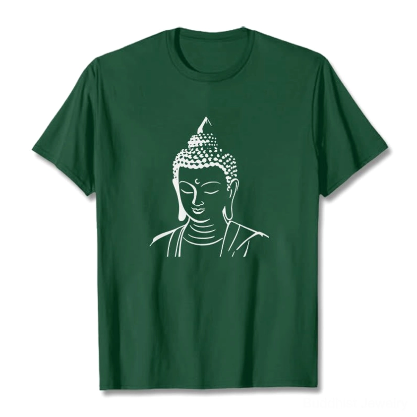 Buddha head print cotton t-shirt flat lay front view dark green with black graphic