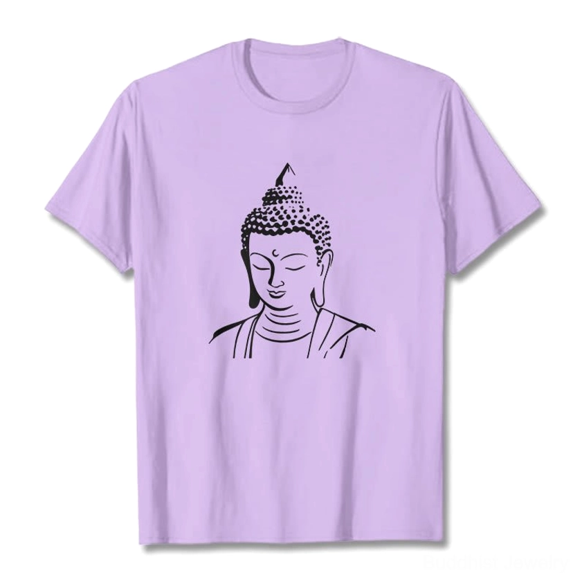 Buddha head cotton t-shirt flat lay light purple with black serene graphic