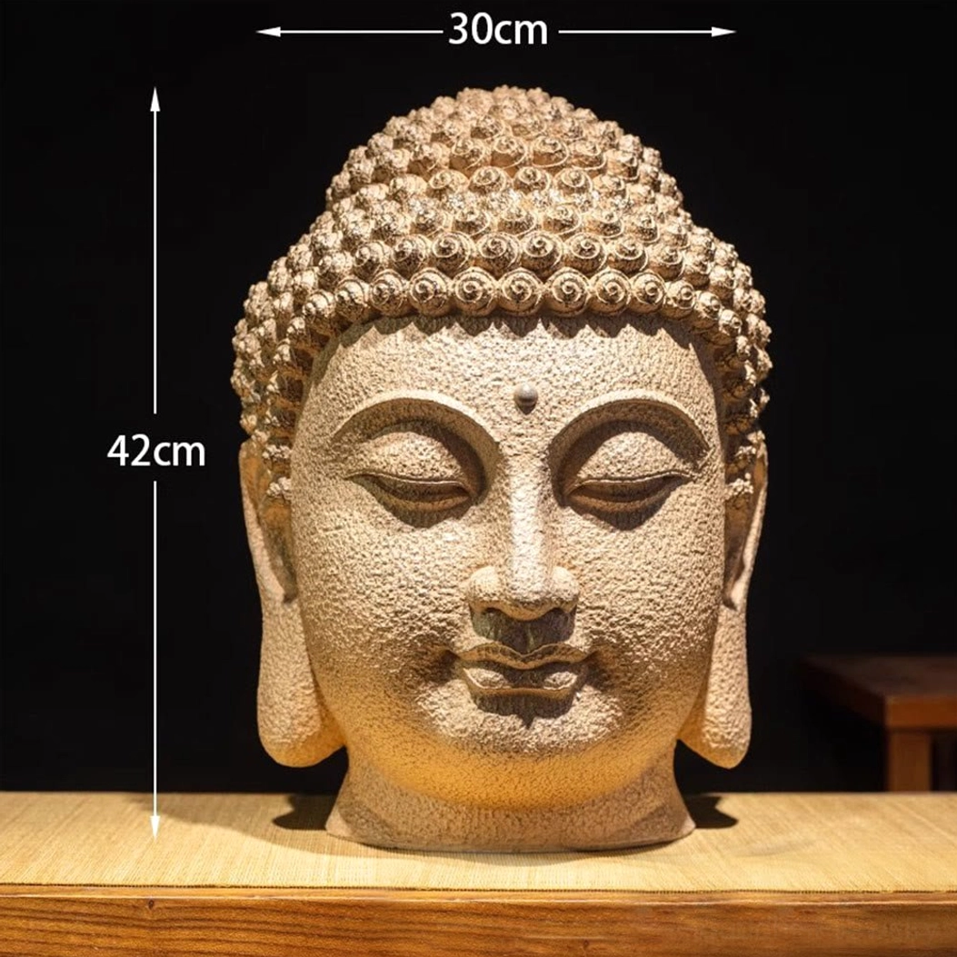 Full frontal view of Buddha meditation head statue with size measurements 42x30cm showing textured resin surface