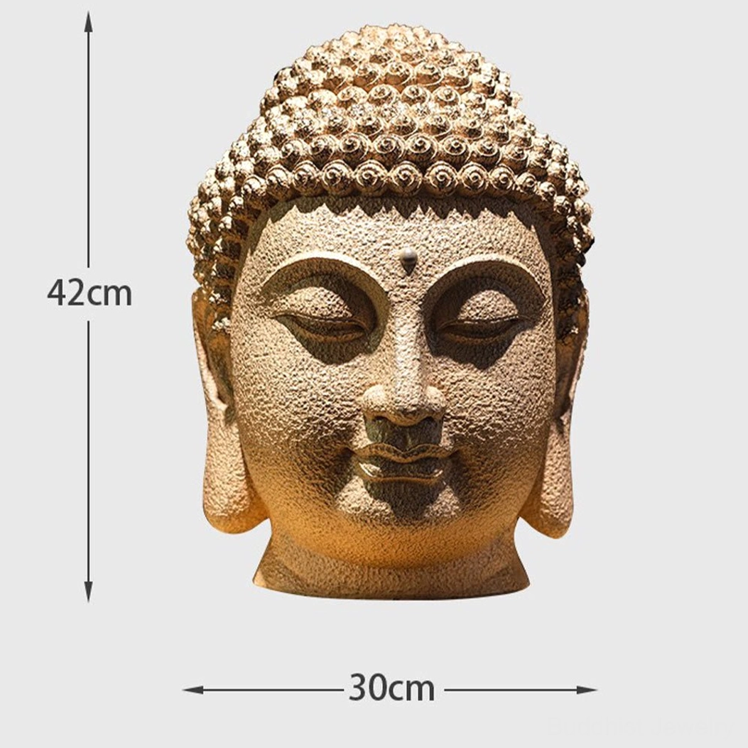 Meditating Buddha head resin statue with ushnisha and peaceful closed-eye design for spiritual home altar