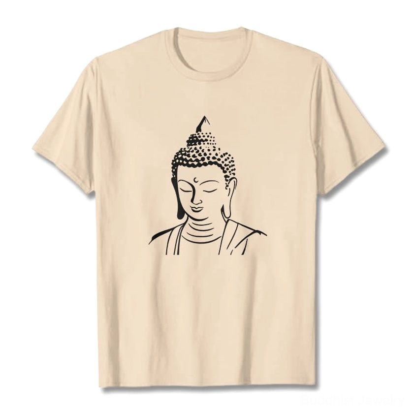 Buddhist mindfulness t-shirt flat lay beige color black Buddha head graphic