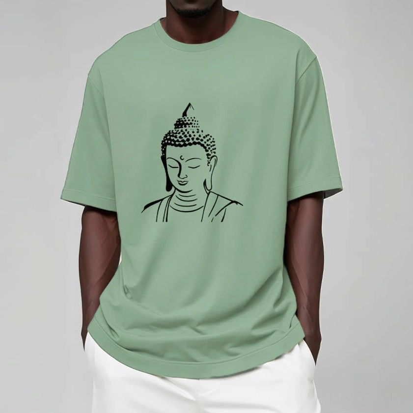 Light pink Buddha print t-shirt front view unisex mindfulness apparel