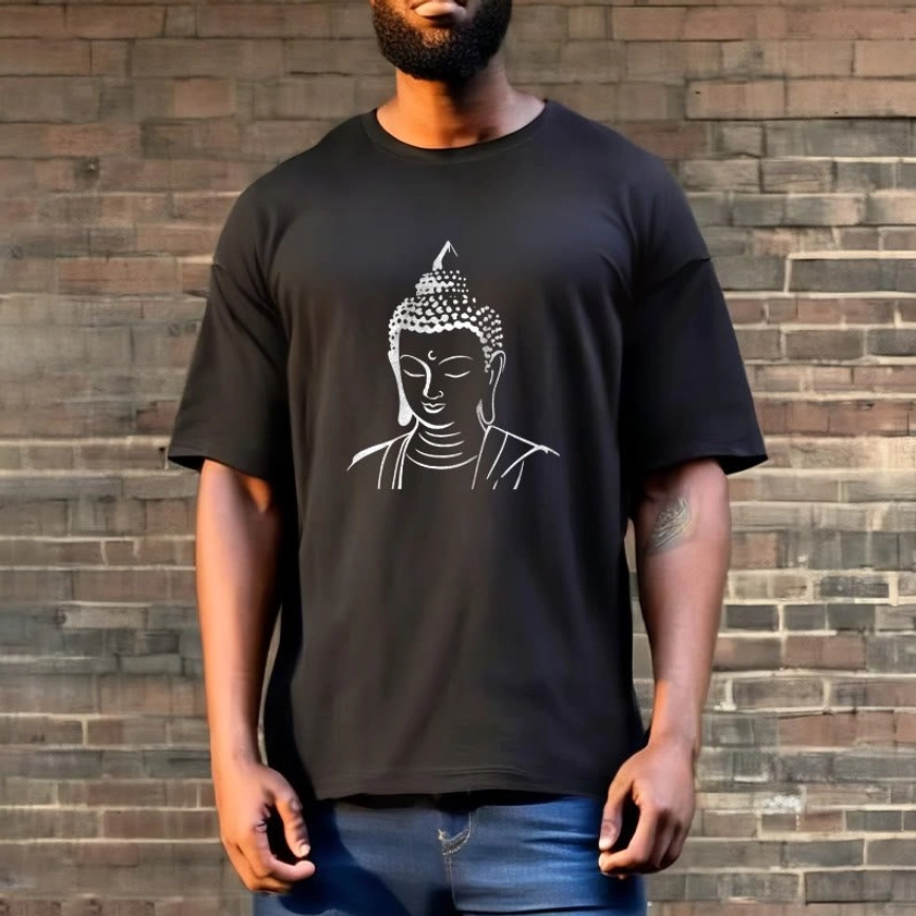 Pale green spiritual t-shirt on model Buddha head print casual lifestyle