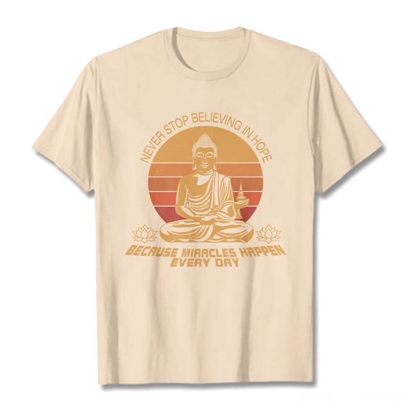 Buddha's Hope graphic cotton tee flat lay - warm beige shirt with inspirational Buddha print and message
