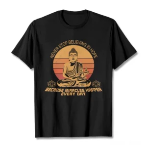 Buddha's Hope graphic t-shirt flat lay - black cotton tee with retro Buddha design and inspirational message