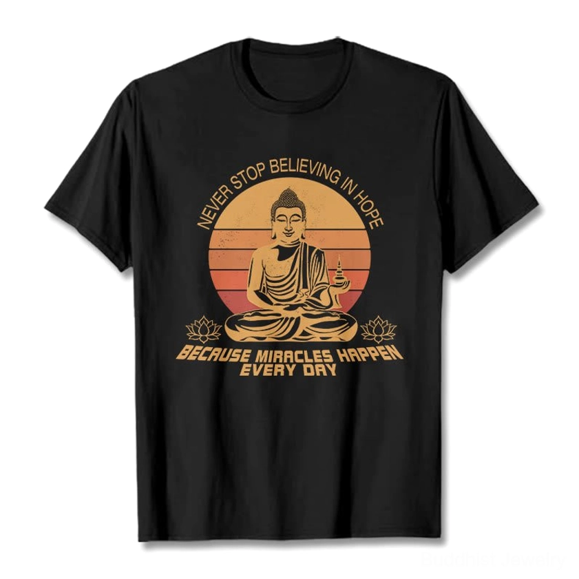 Buddha's Hope graphic t-shirt flat lay - black cotton tee with retro Buddha design and inspirational message