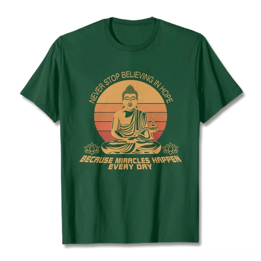 Buddha's Hope mindfulness t-shirt flat lay - dark green cotton base with vintage Buddha graphic print