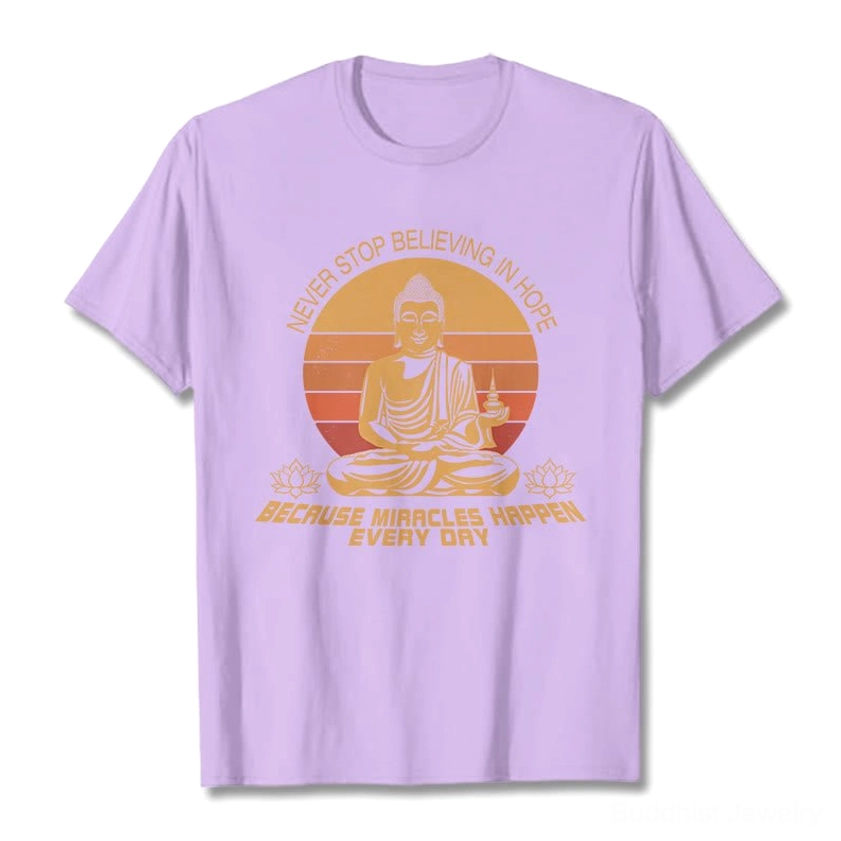 Buddha's Hope mindfulness t-shirt flat lay - light purple cotton base with inspirational Buddha design print