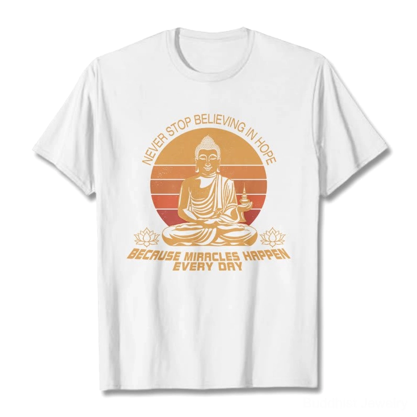 Buddha's Hope cotton t-shirt flat lay - white base with vintage Buddha graphic and hope affirmation print