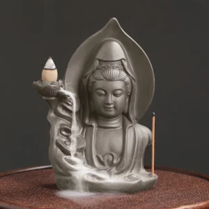 Avalokitesvara Buddha lotus backflow incense burner with flowing smoke cascade - front three-quarter view