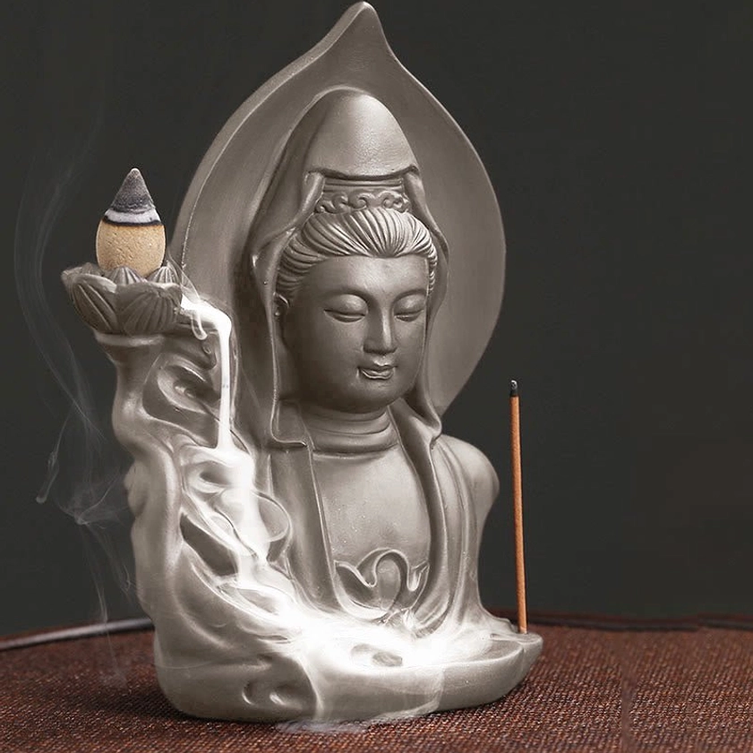 Buddhist incense burner right three-quarter view with flowing backflow smoke and carved robe details
