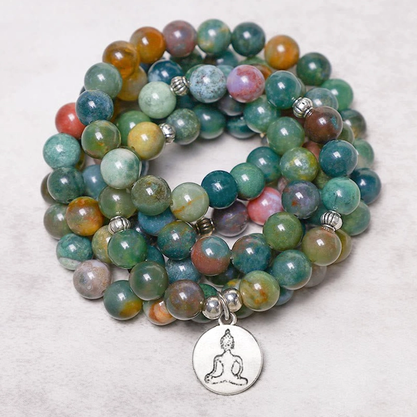 Buddha Indian Agate 108 Bead Mala Bracelet with Sacred Pendant - Close-Up