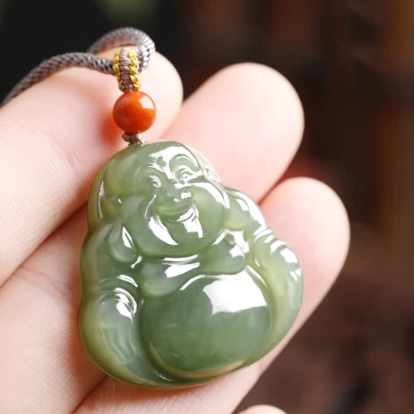 Laughing Buddha jade pendant back view showing rounded design and authentic nephrite material