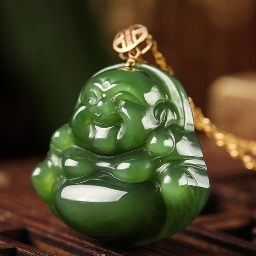 Side close-up of laughing Buddha jade pendant showing detailed carved facial features and gold bail mounting