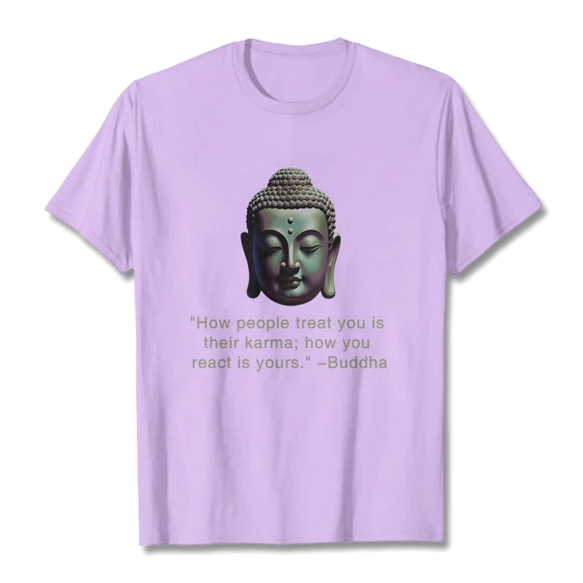 Buddha karma quote t-shirt product lifestyle shot showing mindfulness and spiritual wear