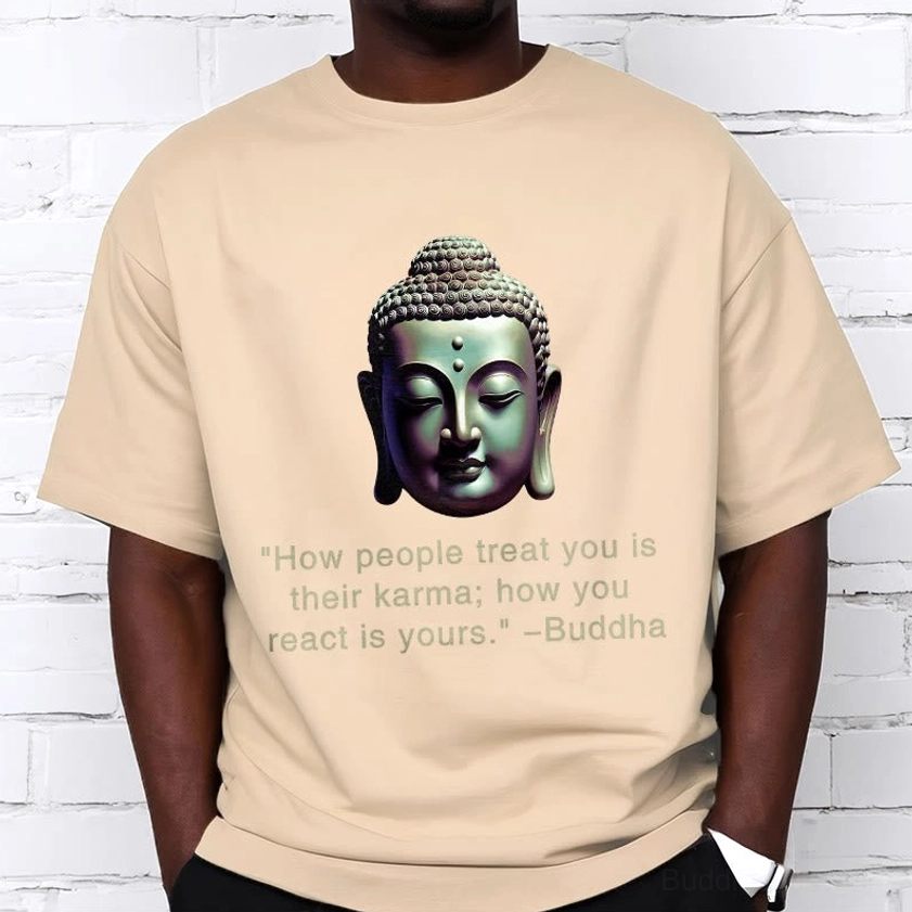 Buddha karma quote t-shirt print detail showing white ink design and graphic clarity