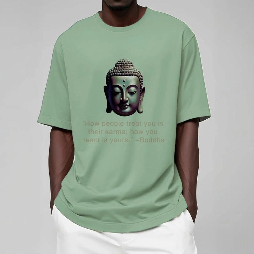 Buddha karma quote tee unisex styling guide showing how to wear on different body types