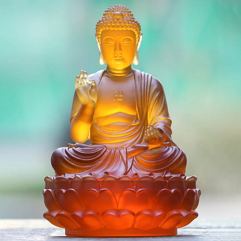 Handmade Buddha Liuli crystal statue front-center view with full frontal robe details and sacred chest markings