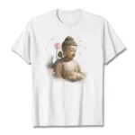 Buddha lotus butterfly meditation graphic white t-shirt flat lay front view