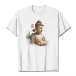 Buddha lotus butterfly meditation graphic white t-shirt flat lay front view