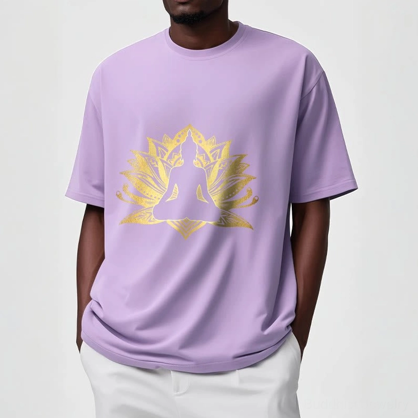 Buddha lotus meditation t-shirt with gold foil print, crew neck short sleeve cotton tee product view