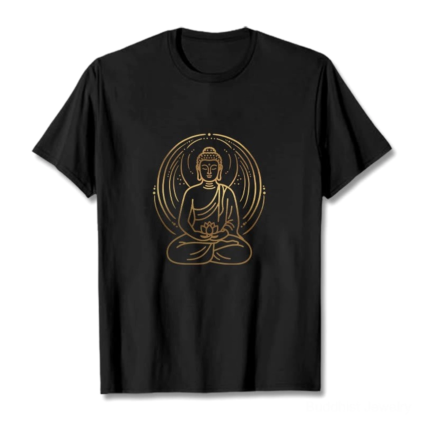 Black buddha lotus golden halo T-shirt flat lay front design view