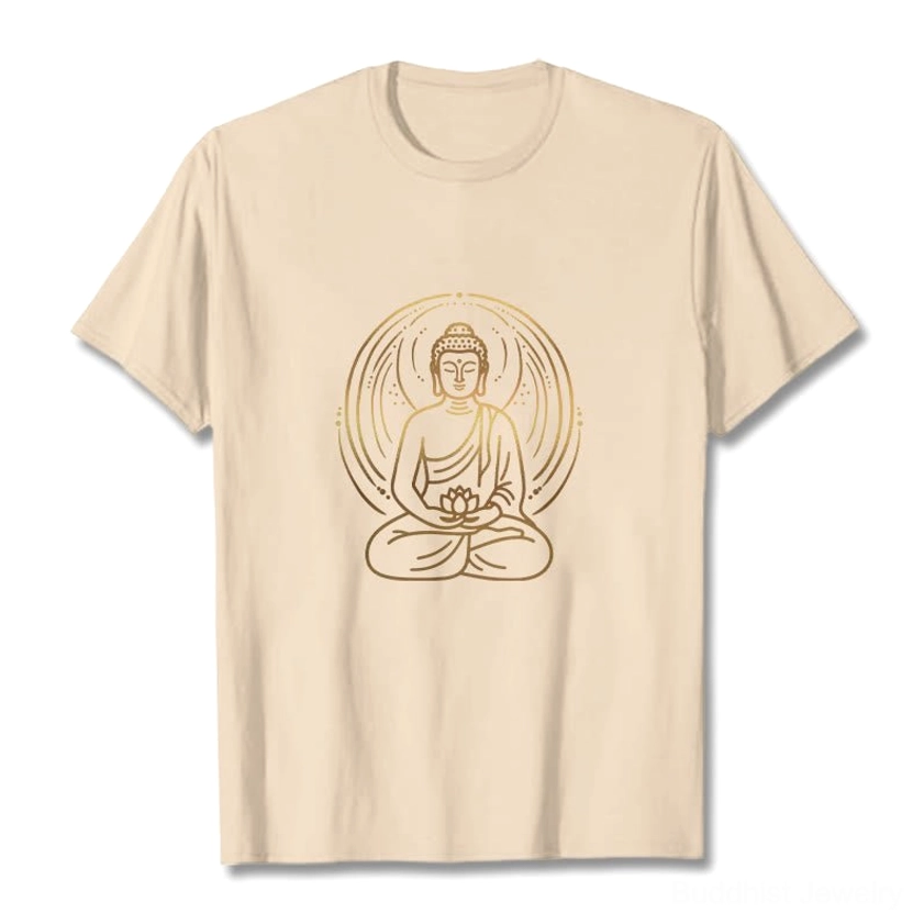 Light grey buddha lotus golden halo T-shirt flat lay display front