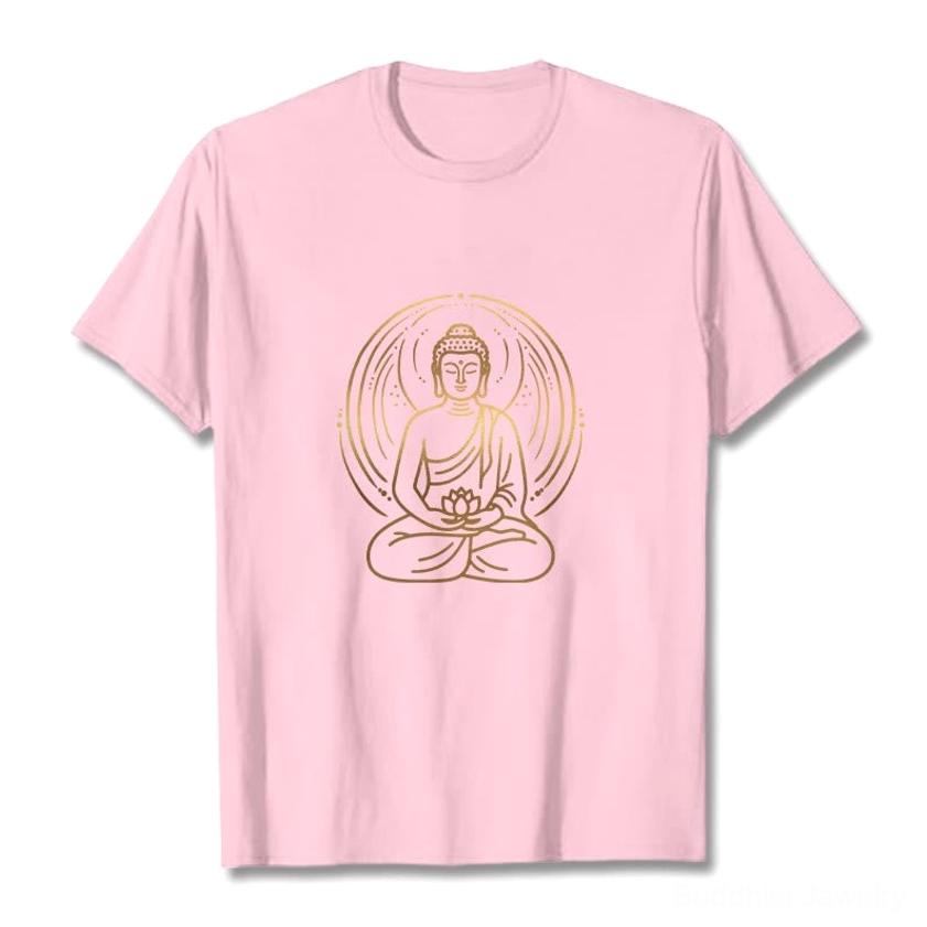 Buddha lotus golden halo spiritual T-shirt premium cotton fabric closeup