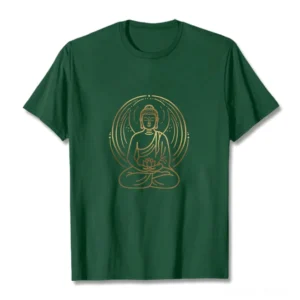 Buddha lotus golden halo T-shirt flat lay front view on white background