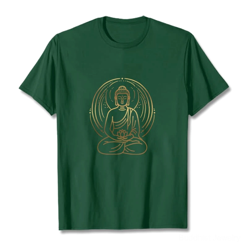 Buddha lotus golden halo T-shirt flat lay front view on white background