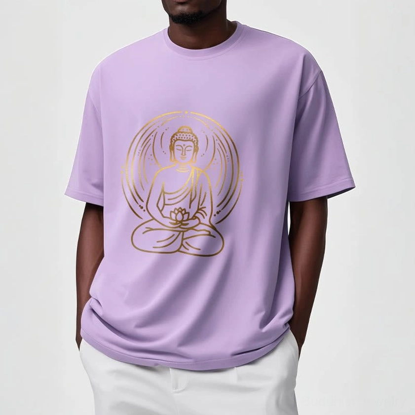 Buddha lotus golden halo T-shirt layered styling casual outdoor look