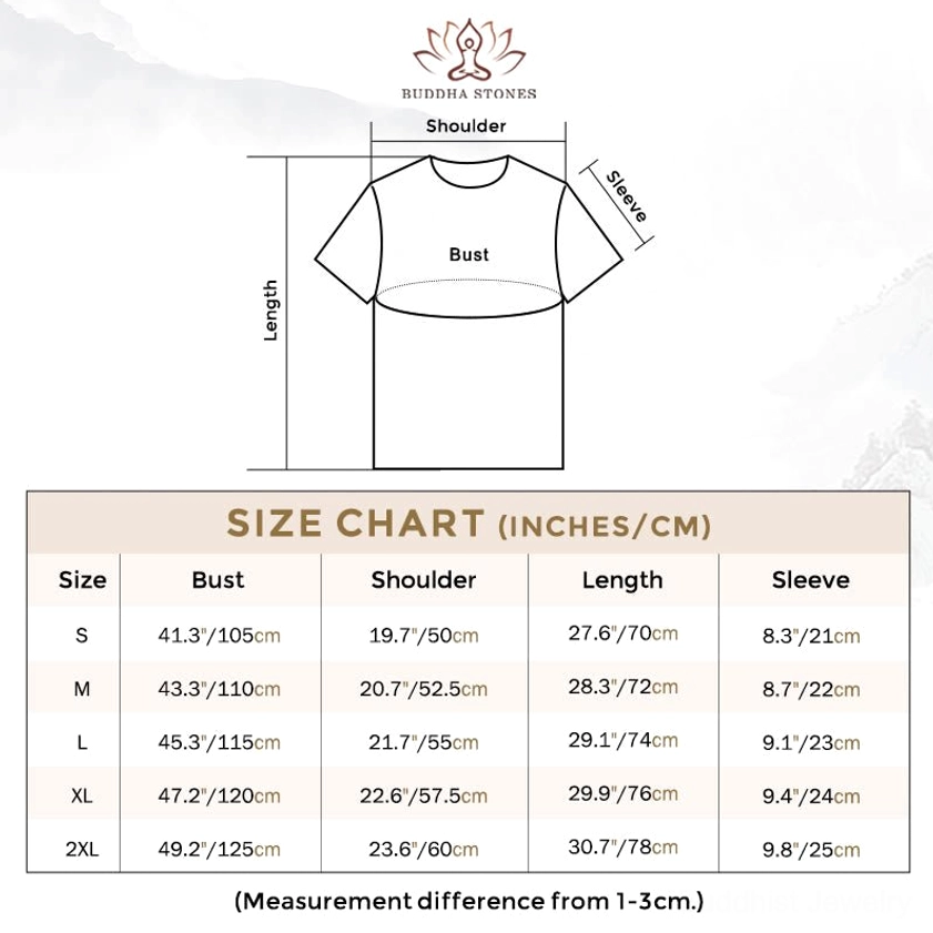 Size chart guide for buddha lotus golden halo T-shirt in cm and inches measurements