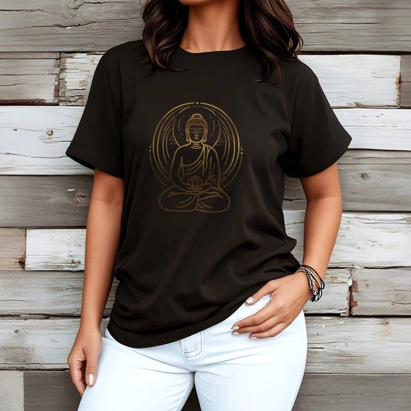 Women wearing minimalist buddha lotus golden halo T-shirt with white jeans wooden wall