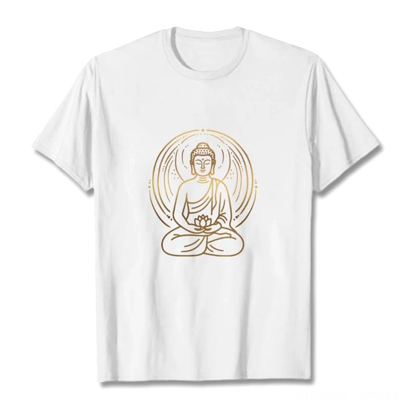 White buddha lotus golden halo spiritual T-shirt flat lay front view