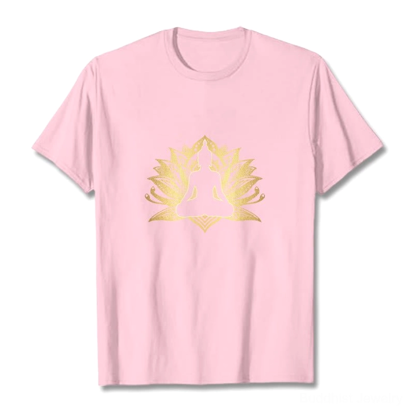 Buddha meditation t-shirt with lotus flower gold foil print, front facing flat lay product image