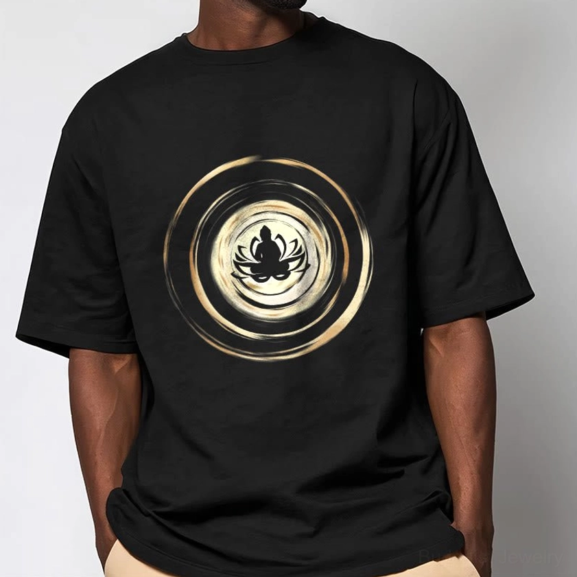 Close-up of Buddha lotus chest graphic on casual meditation cotton t-shirt