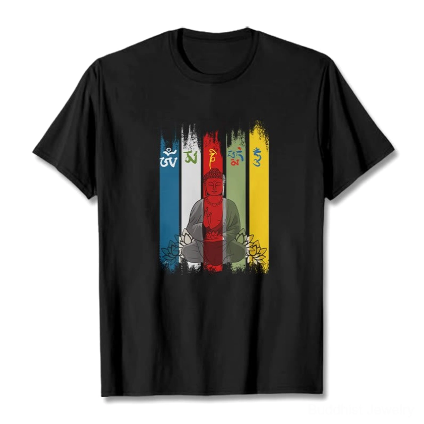 Om Mani Padme Hum Buddha print t-shirt black flat lay front studio view with sacred lotus design