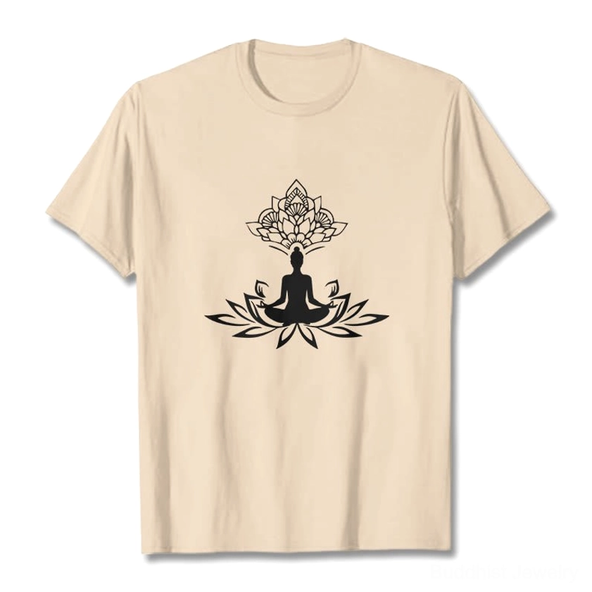 Beige tan Buddha lotus meditation t-shirt black graphic cotton crew neck flat lay