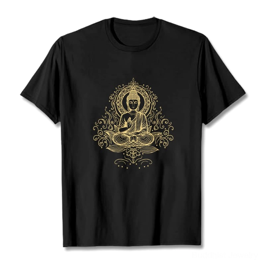 Black Buddha lotus vine t-shirt flat lay front display with golden Buddha meditation design crew neck
