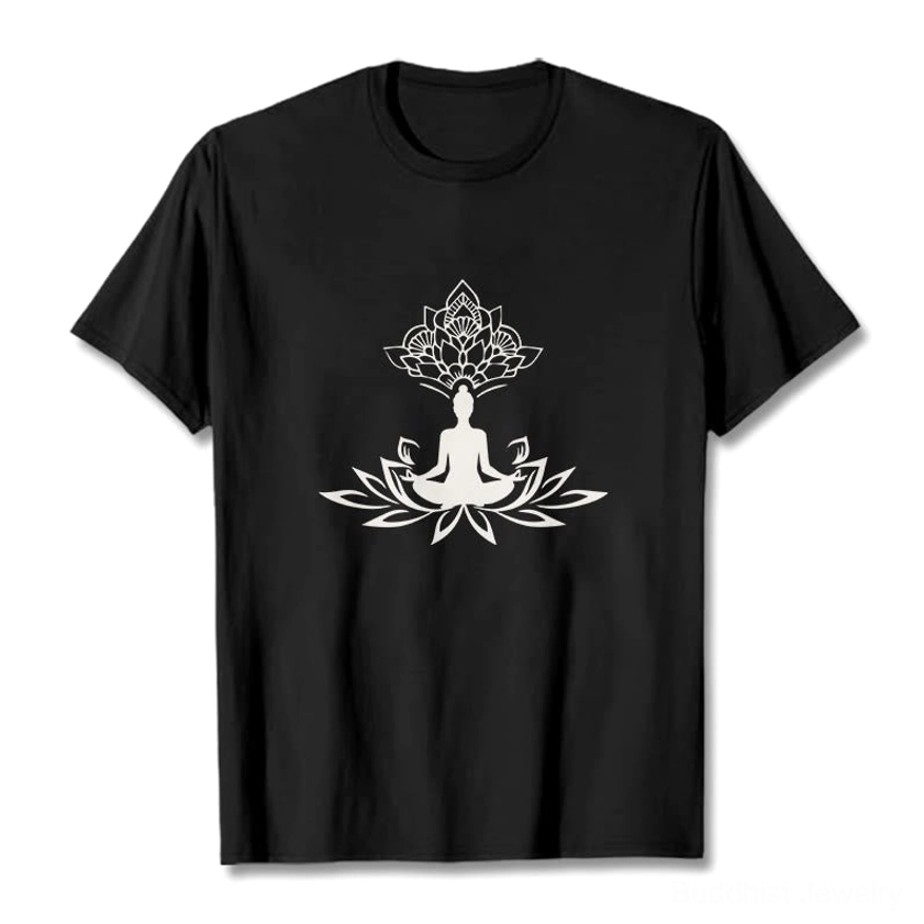 Black Buddha lotus meditation printed t-shirt white graphic cotton crew neck