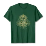 Buddha lotus meditation t-shirt dark green flat lay front view with intricate golden Buddha and vine design on white background