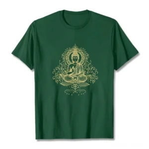 Buddha lotus meditation t-shirt dark green flat lay front view with intricate golden Buddha and vine design on white background