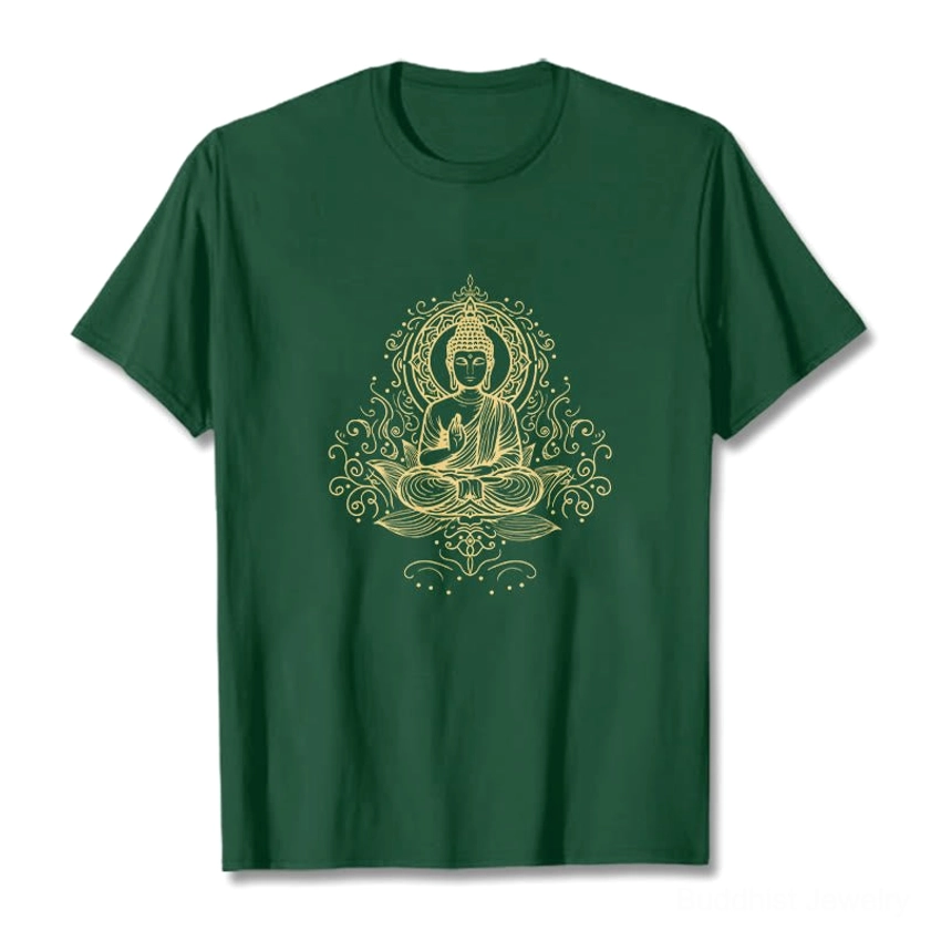Buddha lotus meditation t-shirt dark green flat lay front view with intricate golden Buddha and vine design on white background