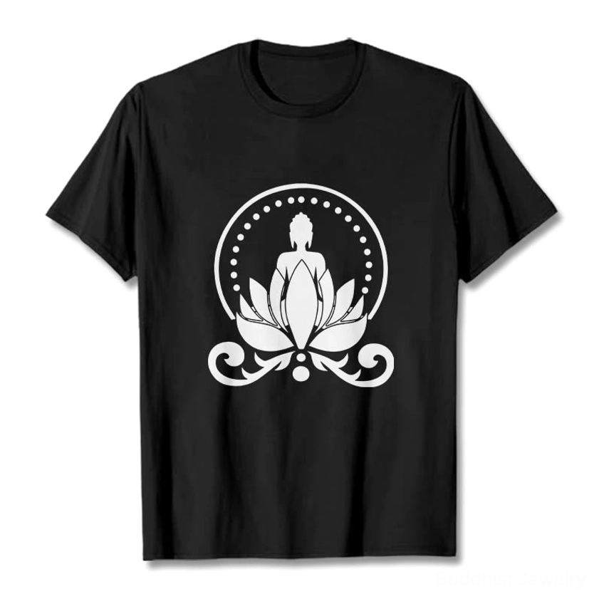 Black Buddha lotus meditation t-shirt flat lay front view spiritual graphic print