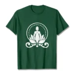Buddha lotus meditation t-shirt flat lay front view dark green cotton tee with white spiritual design