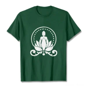 Buddha lotus meditation t-shirt flat lay front view dark green cotton tee with white spiritual design